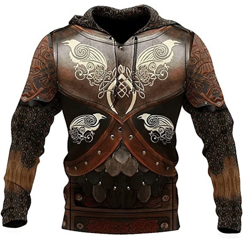 Men's Graphic Tribal Armor Viking Hoodie Hoodies Sweatshirt Sportswear Ethnic Long Sleeve Hooded Casual Daily Holiday Black And White Red Lace up Print Spring &  Fall Designer3