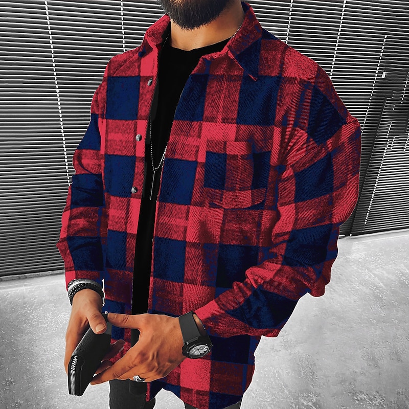 Men's Flannel Shirt Shirt Jacket Overshirt Tartan Christmas Street Black Red Navy Blue Green Long Sleeve Turndown Fall & Winter Clothing Apparel