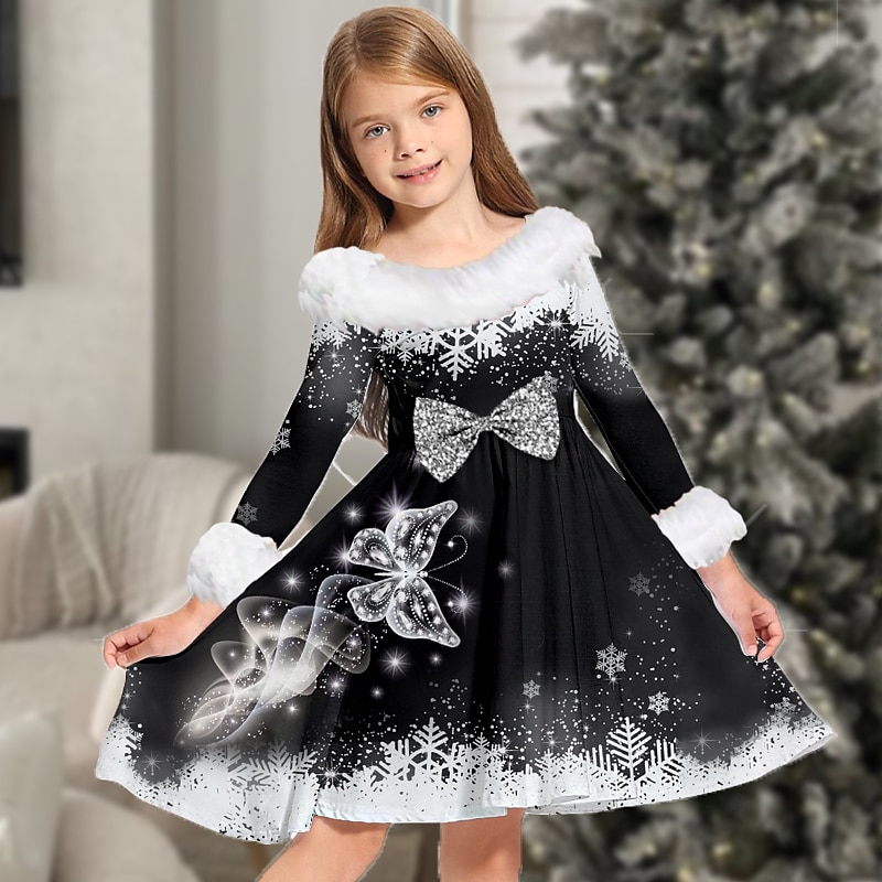 Kids Girls' Dress Snowflake Dress Animal Butterfly Long Sleeve Casual Fur Trim Crewneck Adorable Daily Polyester Above Knee Casual Dress Swing Dress A Line Dress Fall Winter 3-10 Years Black