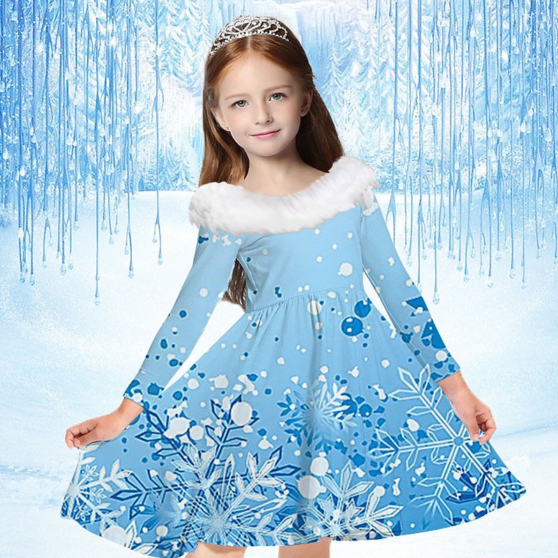 Kids Girls' Dress Snowflake Dress Snowflake Long Sleeve Casual Fur Trim Crewneck Adorable Daily Polyester Above Knee Casual Dress Swing Dress A Line Dress Fall Winter 2-13 Years Multicolor Champagne2