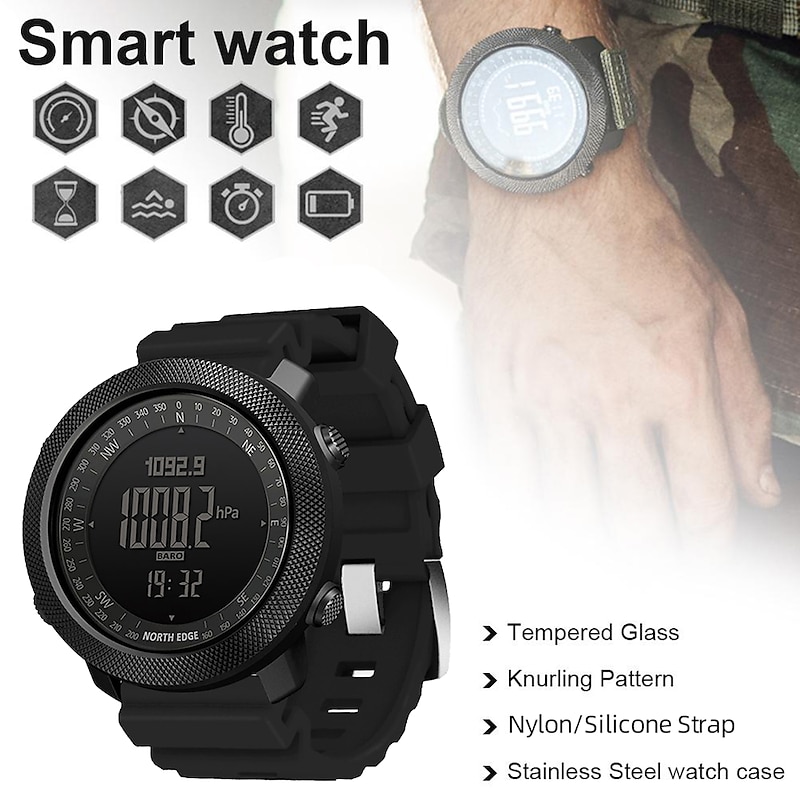 NORTH EDGE Apache Men Digital Watches Waterproof 50M Running Swimming Men Tactical Sport Watch Outdoor Sports Survival Military Watches for Men, Compass, Pedometer Calories3