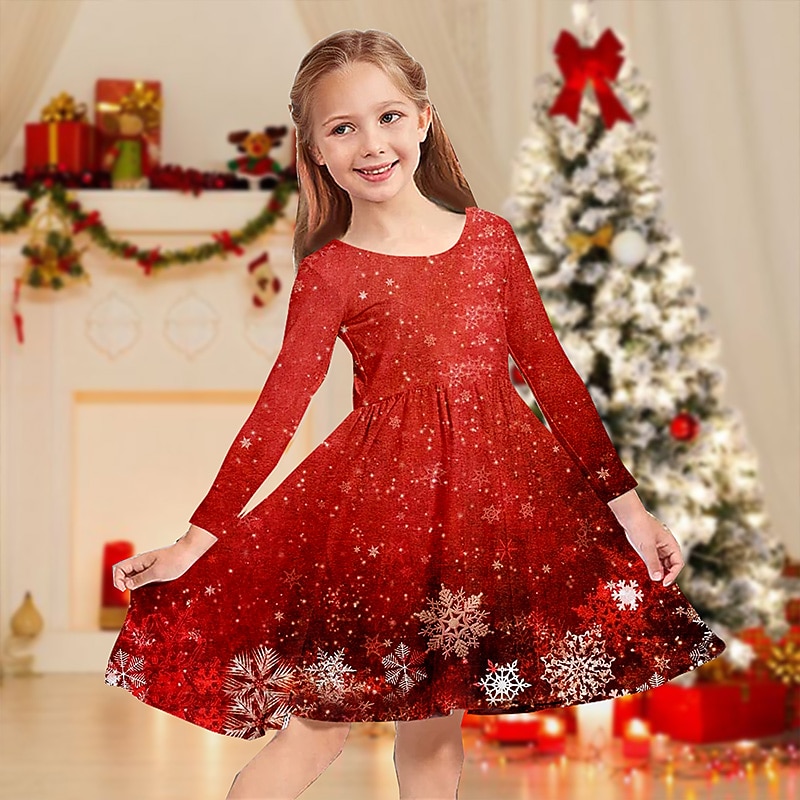 Kids Girls' Christmas Dress Dress Snowflake Dress Snowflake Long Sleeve Christmas Gifts Casual Crewneck Adorable Daily Polyester Above Knee Casual Dress Swing Dress A Line Dress Fall Winter 4-12 Years