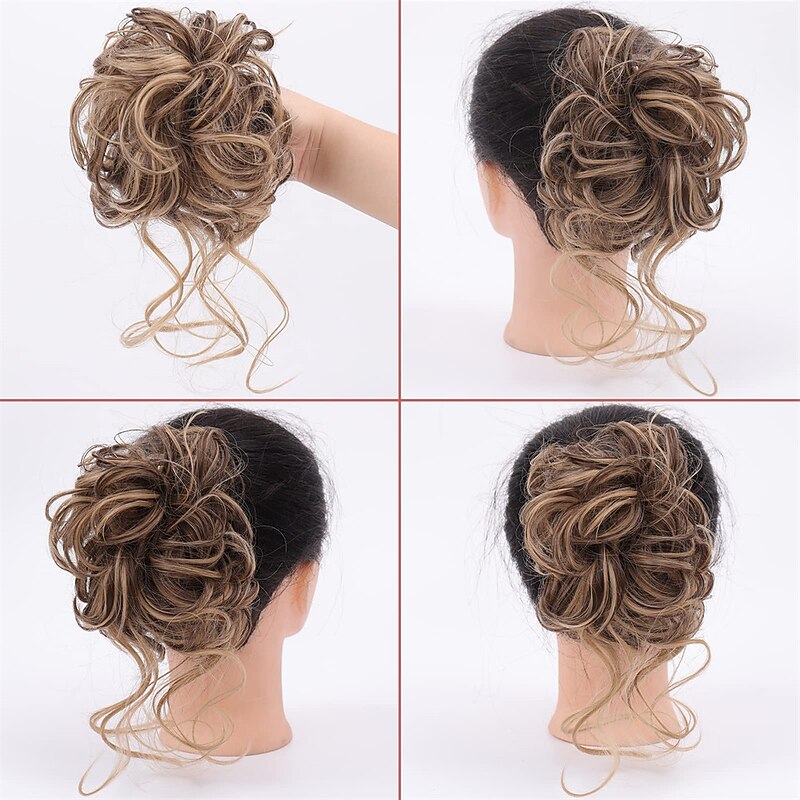 Messy Bun Curly Wavy Synthetic Hair Scrunchies Extension Hairpieces for Women Bun Wig Claw in Bun Messy Chignons Hair Extensions(12H24#Light Golden Brown Mix Golden Brown)4