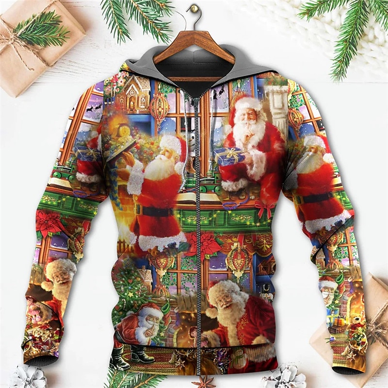 Christmas Men's Christmas Scene 3D Hoodies Graphic Full Zip Jacket Red Green Hooded Santa Claus Prints Ugly Cotton4