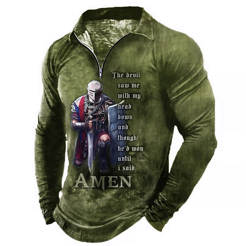 Men's Knights Templar Zip Polo Shirts Golf Shirt Long Sleeve Polo Shirts Collared Shirts Vintage Casual Vacation Wear Festival Wear Party Outfits 3D Print Quarter Zip Polo Black Blue Green2