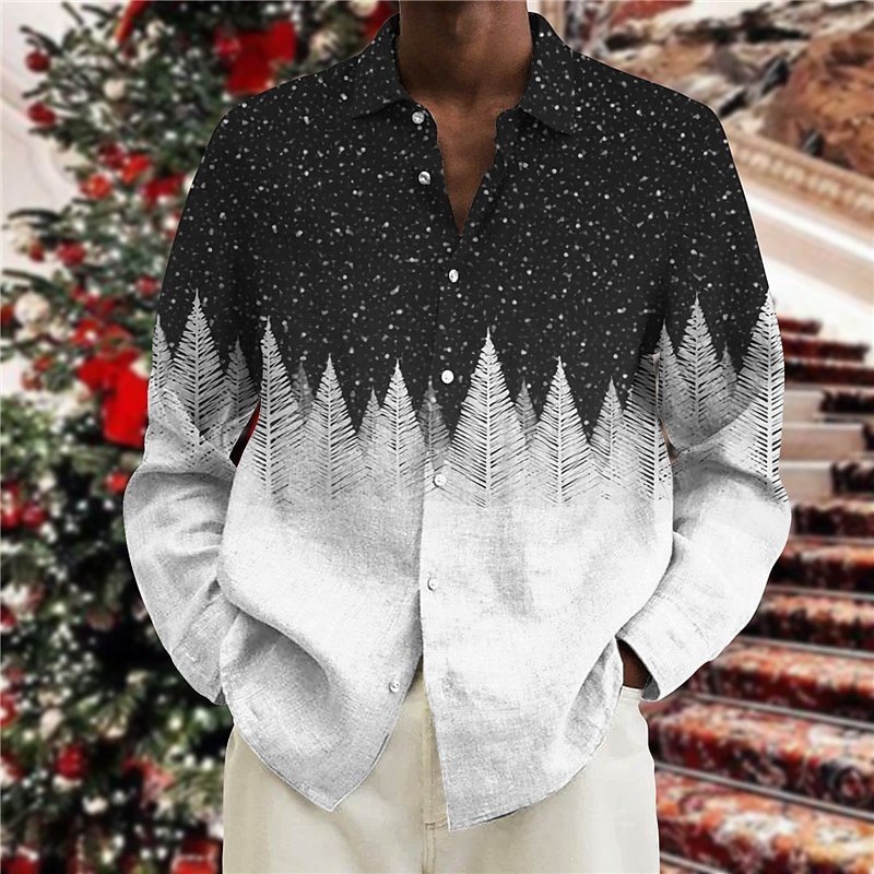 Christmas Men's Christmas Scene Printed Shirts Shirts Tree Graphic Prints Turndown Black Blue 3D Print Street Long Sleeve Button-Down Print Clothing Apparel Fashion Designer Casual2