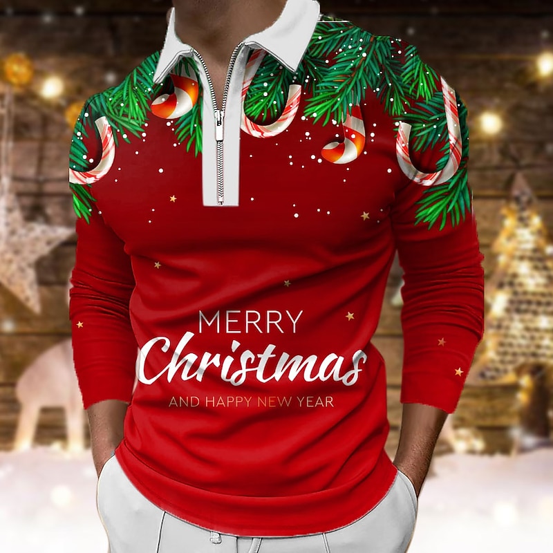 Christmas Men's Funny Christmas 3D Zipper Polo Golf Letter Graphic Prints Turndown White Wine Red Green 3D Print Street Long Sleeve Print Zipper Clothing Apparel Fashion Designer Casual Soft3