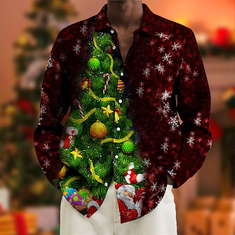 Christmas Men's Christmas tree Printed Shirts Christmas, Graphic Shirts Tree Prints Turndown Purple Black Green Yellow Wine 3D Street Long Sleeve Button Casual Brown Cotton Button-Down - Main Image