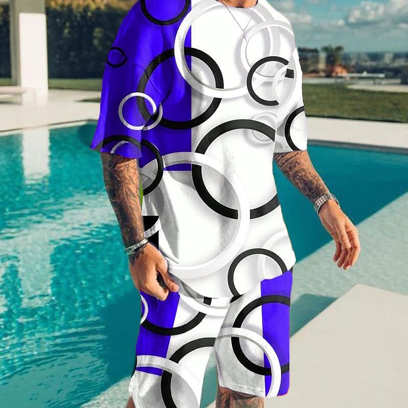 Men's Color Block Graphic Prints 2pcs Tees sets Matching Sets Short Sleeve Short Pants Crew Neck Basic Classic Comfortable Outdoor Street Daily 3D Print Summer Spring Yellow Red Blue2