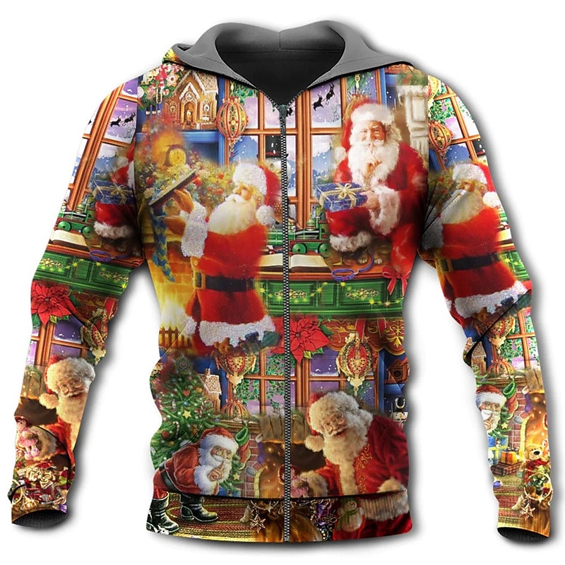 Christmas Men's Christmas Scene 3D Hoodies Graphic Full Zip Jacket Red Green Hooded Santa Claus Prints Ugly Cotton3