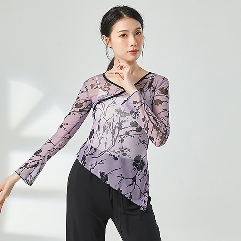 Activewear Top Printing Ruching Women's Performance Training Long Sleeve High Polyester3
