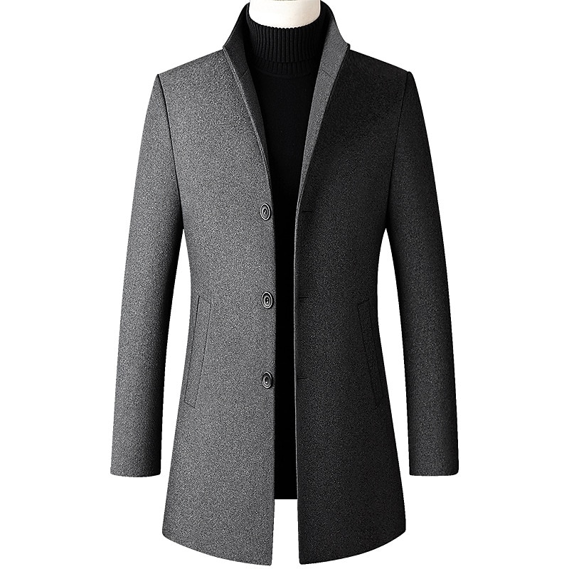 Men's Winter Coat Wool Coat Overcoat Business Daily Wear Fall Winter Wool Thermal Warm Outdoor Outerwear Clothing Apparel Fashion Warm Ups Solid Colored Pocket Standing Collar Single Breasted2