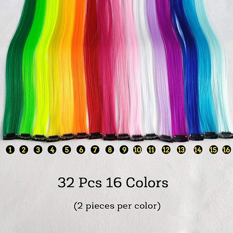 32Packs Colored Hair Extensions 20Inch Straight Color Clip in on Hair Extension Rainbow Party Highlights Synthetic Hairpiece for Girls4
