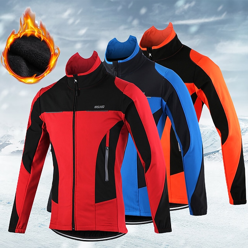 Arsuxeo Men's Cycling Jacket Windbreaker Fleece Jacket Winter Thermal Warm Windproof Fleece Lining Breathable Bike Jacket Mountain Bike MTB Road Bike Cycling City Bike Cycling Blue Orange Red Bike