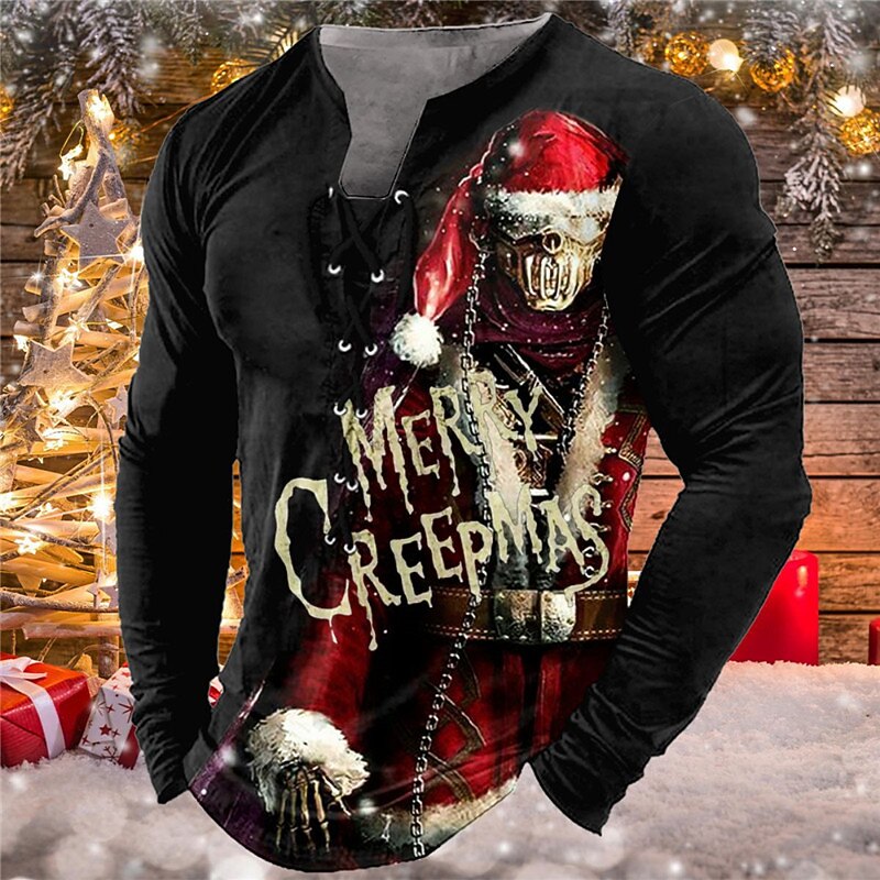 Christmas Men's Funny Christmas Henley T Shirt Graphic Tee Skull Collar Black Red Navy Blue 3D Print Outdoor Long Sleeve Lace Up Clothing Apparel Merry Creepmas Gothic Cotton3