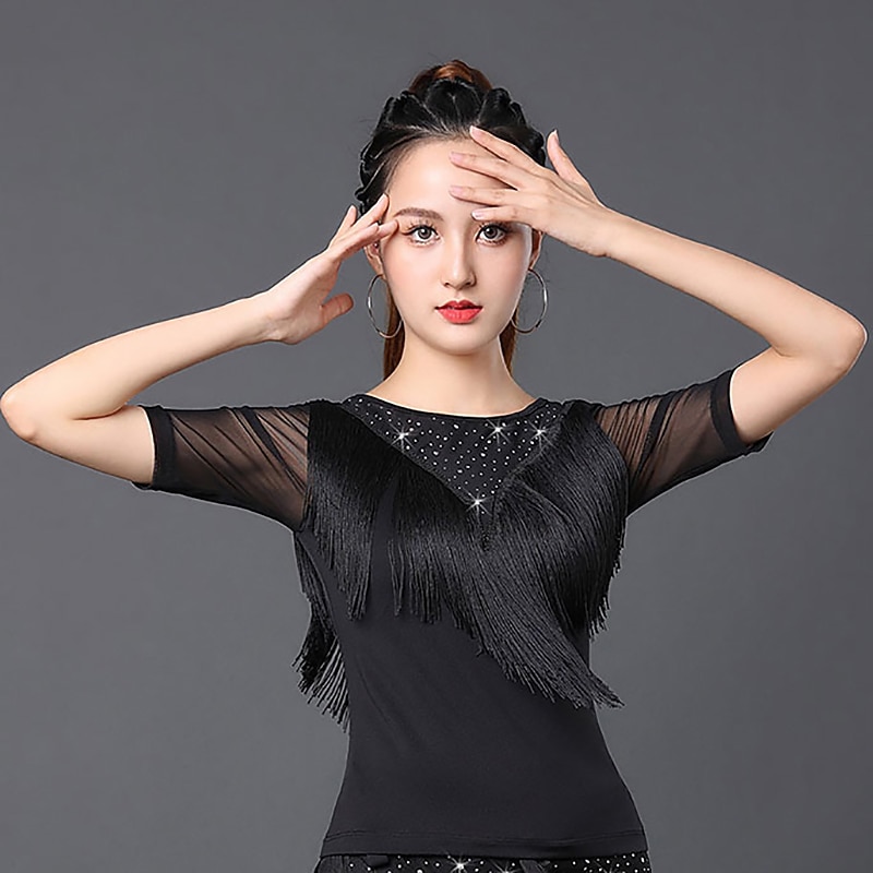 Latin Dance Ballroom Dance Top Fringed Tassel Ruching Pure Color Women's Performance Training Short Sleeve Polyester3