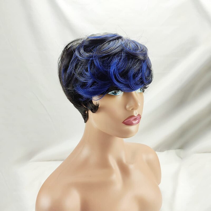 Pixie Cut Wig with Bangs Human Hair 1B / Blue 9A Brazilian Human Hair Wigs Glueless Short Straight Brazilian Ombre Wigs American African No Lace Front Human Hair Wigs3