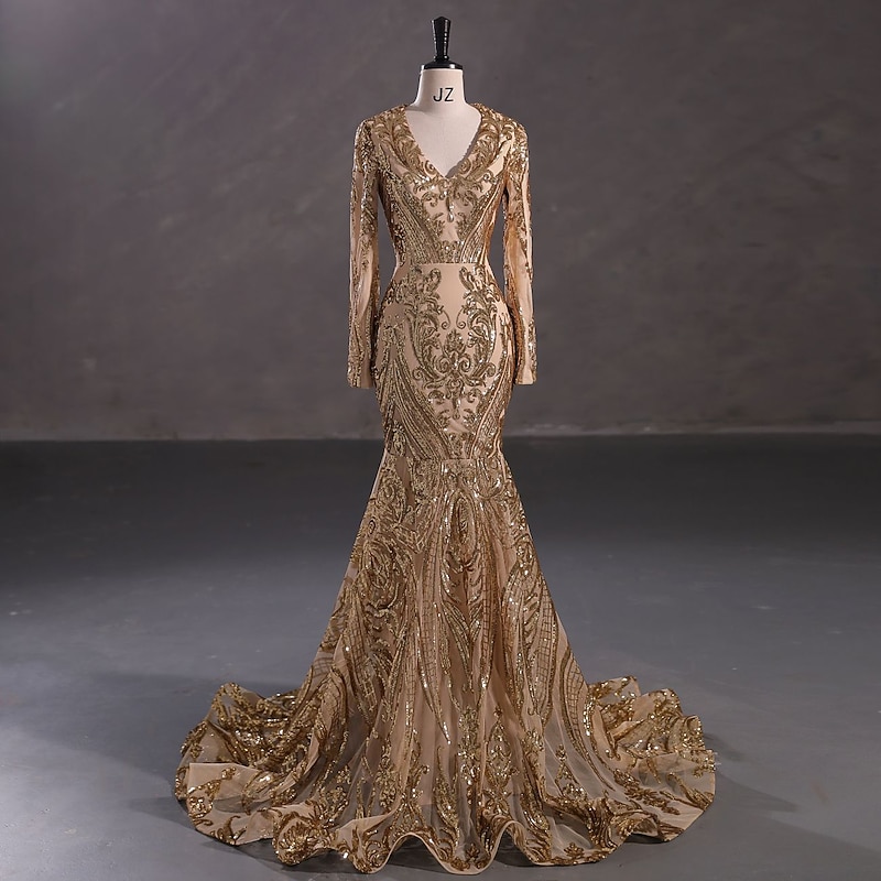 Mermaid Sequin Evening Gown Elegant Dress Carnival Formal Court Train Long Sleeve V Neck African American Lace Masquerade Dress2