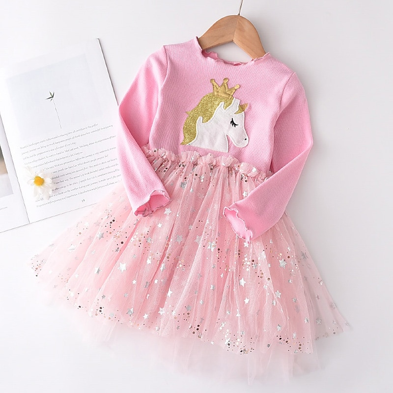 Kids Girls' Dress Animal Cartoon Long Sleeve Sequins Patchwork Basic Cotton Knee-length Tulle Dress 2-8 Years Black Pink Purple3