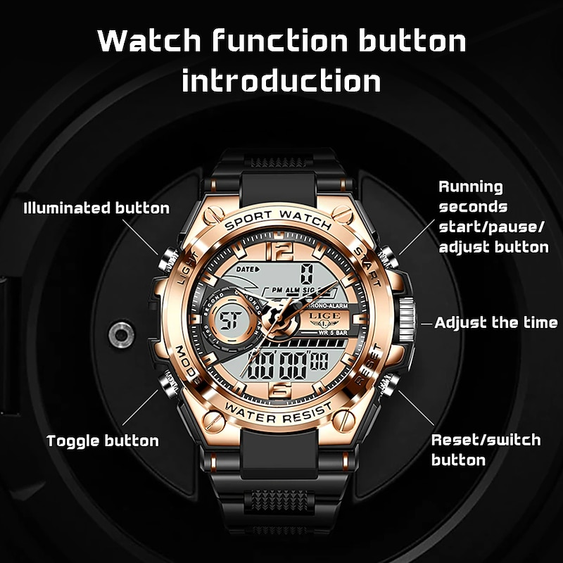 LIGE Men Digital Watch Chronograph Military Sports Waterproof Dual Display Calendar Chronograph Waterproof Silicone Strap Watch2
