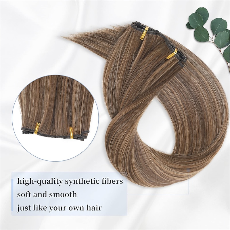 Clip in Hair Extensions 6Pcs 16 Clips Curly Wavy Straight Thick Clip on Synthetic Hair Extension Hairpieces (24 Inch Deep Brown with Dirty Blonde - Straight)3