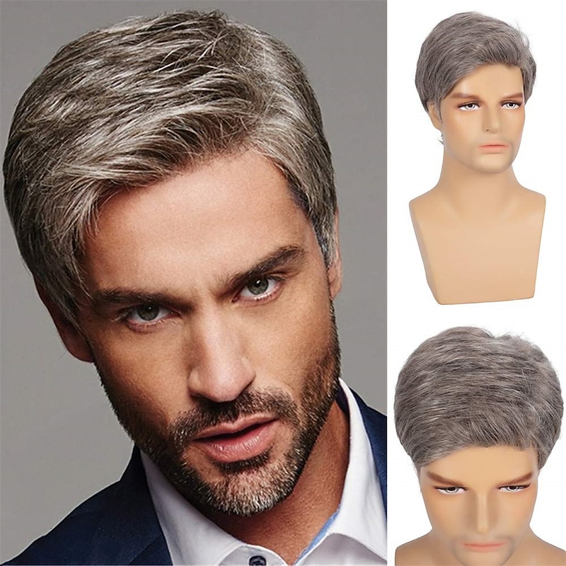 Mens Short Wig Grey Straight Natural Synthetic Cosplay Hair Wigs for Male Guy Daily Replacement Full Wig