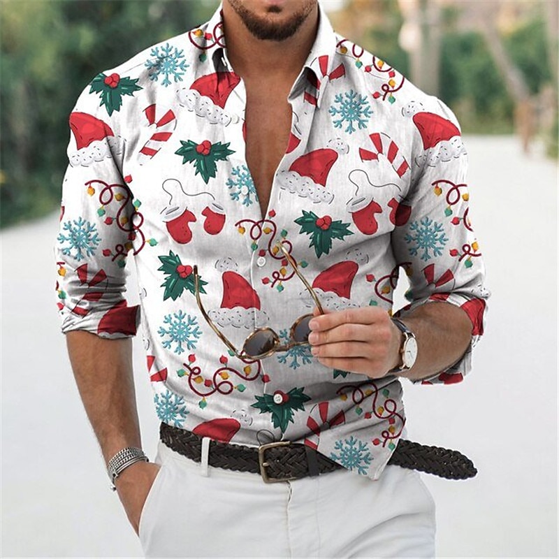 Christmas Men's Christmas Scene Printed Shirts Shirts Animal Dinosaur Graphic Prints Turndown Green Beige White 3D Print Street Long Sleeve Button-Down Print Clothing Apparel Fashion Designer Casual4