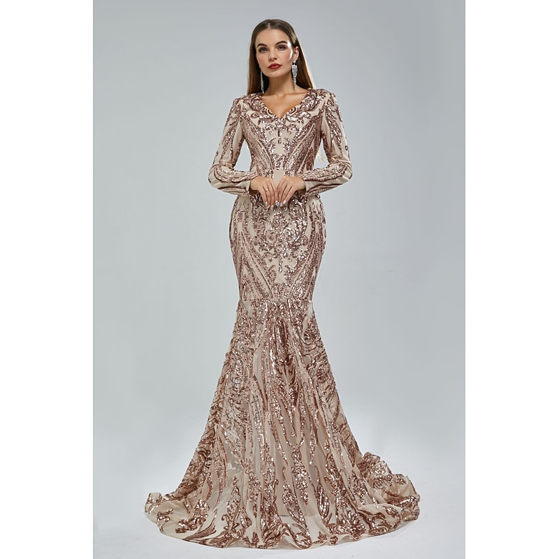 Mermaid Sequin Evening Gown Elegant Dress Carnival Formal Court Train Long Sleeve V Neck African American Lace Masquerade Dress