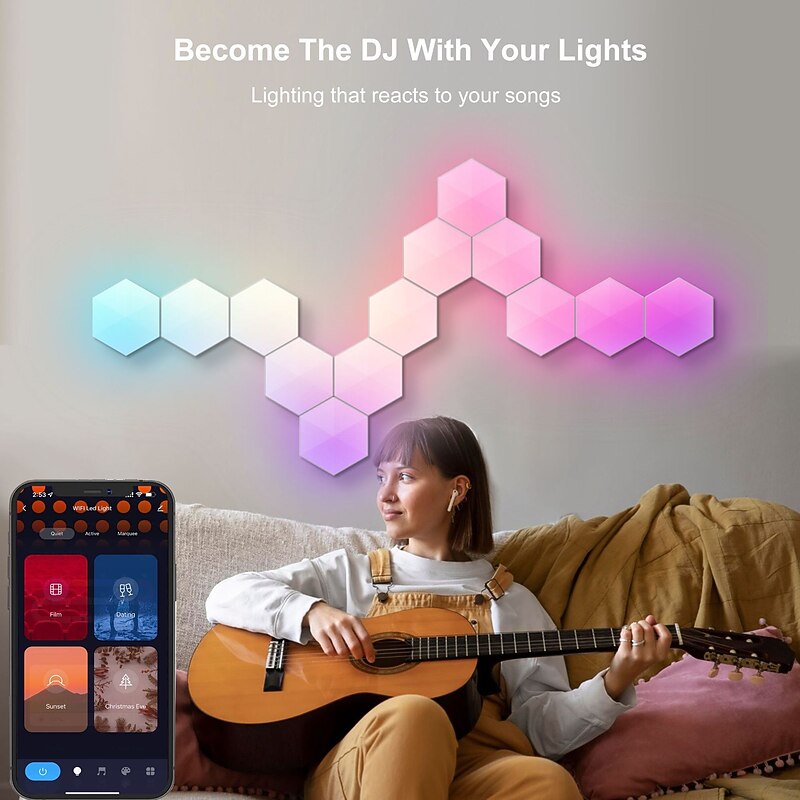 Hexagonal LED Glow Lights, RGBIC Hexagon LED Wall Lights, Wi-Fi Smart Home Creative Wall Lights with Music Sync, Works with Alexa Google Assistant, Remote APP Music Control USB, 3/6/10 Packs3