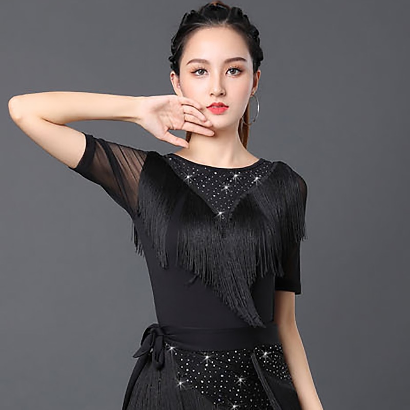 Latin Dance Ballroom Dance Top Fringed Tassel Ruching Pure Color Women's Performance Training Short Sleeve Polyester4