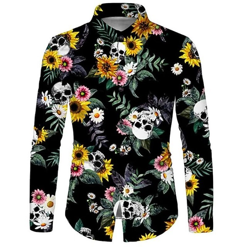 Men's Floral Skull Sunflower Shirt Long Sleeve Fashion Designer Casual Halloween Street Casual Fall & Winter Turndown Print Button-Down Black and Red Wine Black White Yellow3