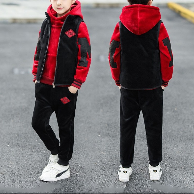 3 Pieces Kids Boys Hoodie & Pants Outfit Letter Long Sleeve Set Casual Cool Casual Winter Fall 7-13 Years Big M double-sided velvet (three-piece set) red Big M double-sided velvet (three-piece set2