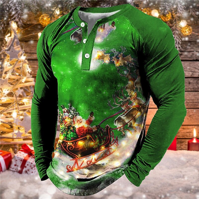 Christmas Men's Santa Claus Henley T Shirt Henley Tee Tee Graphic Santa Claus Henley Sea Blue Green Black Blue Purple 3D Print Outdoor Long Sleeve Patchwork Button-Down Clothing Apparel Basic2
