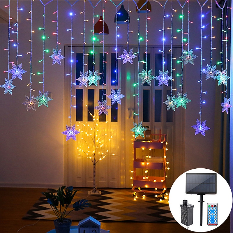 Christmas snowflake  String Lights Outdoor Solar 8 Modes 5M 216LED 3.5M 96LED Remote Control Solar Energy 24V Plug in String Lights LED Garland Curtain Fairy String Light For Garden Eaves Party Decor4
