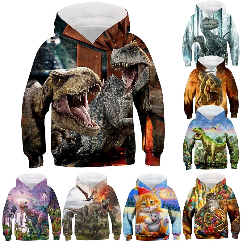 Boys 3D Animal Dinosaur Hoodie Long Sleeve 3D Print Fall Winter Fashion Cool Kids 3-13 Years Outdoor Daily Regular Fit