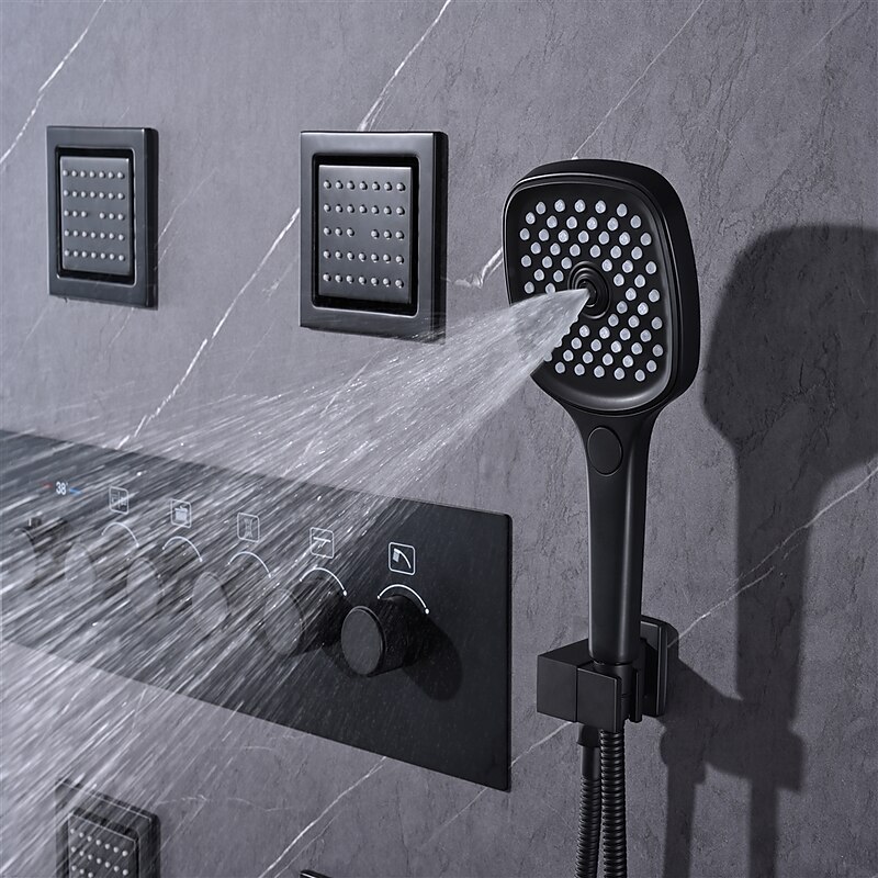 Shower Faucet,Rainfall Shower System 5-Function Thermostatic Mixer valve Body Jet Massage Set Rainfall Shower Multi Spray Shower Waterfall Contemporary Painted Finishes Mount Inside Brass Valve4