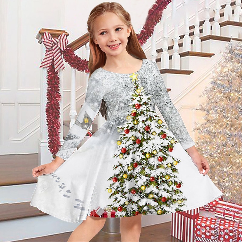 Kids Girls' Christmas Dress Dress Snowflake Dress Snowflake Long Sleeve Casual Crewneck Adorable Daily Polyester Above Knee Casual Dress Swing Dress A Line Dress Fall Winter 3-10 Years White Pink Wine4