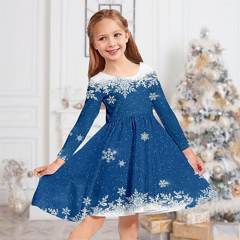 Kids Girls' Christmas Dress Dress Snowflake Dress Snowflake Long Sleeve Christmas Gifts Casual Crewneck Adorable Daily Polyester Above Knee Casual Dress Swing Dress A Line Dress Fall Winter 4-12 Years3