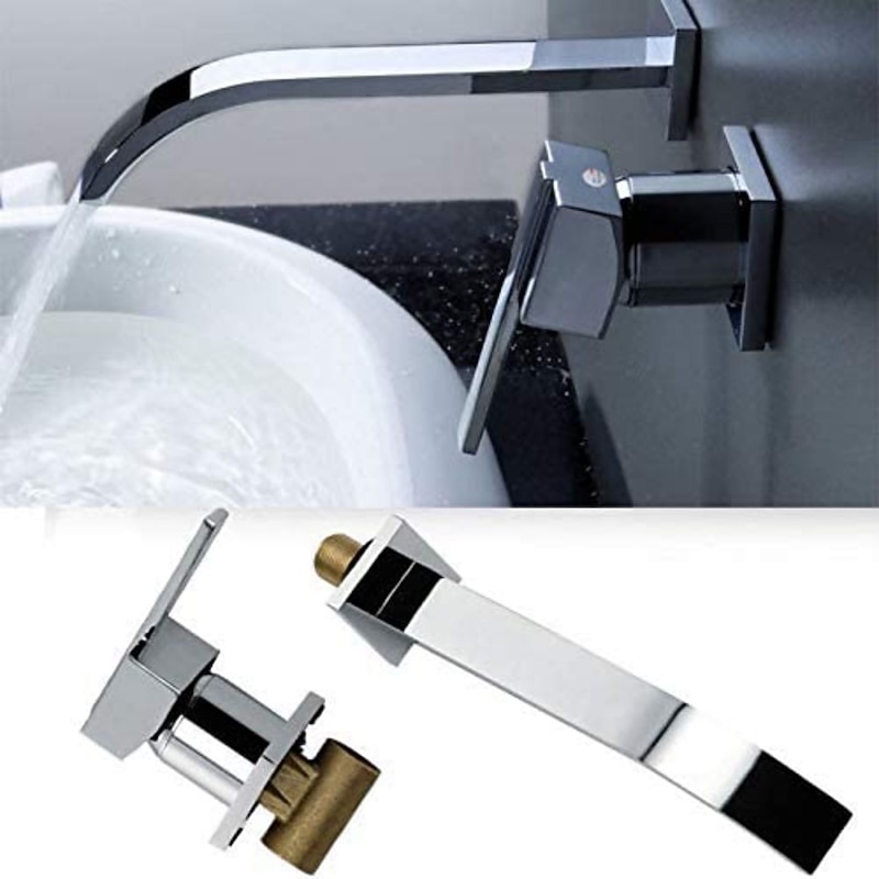 Bathroom Sink Faucets,Brass Waterfall Modern Style Wall Mount Single Handle Two Holes Chrome Finish Bath Tap with Cold and Hot Switch3