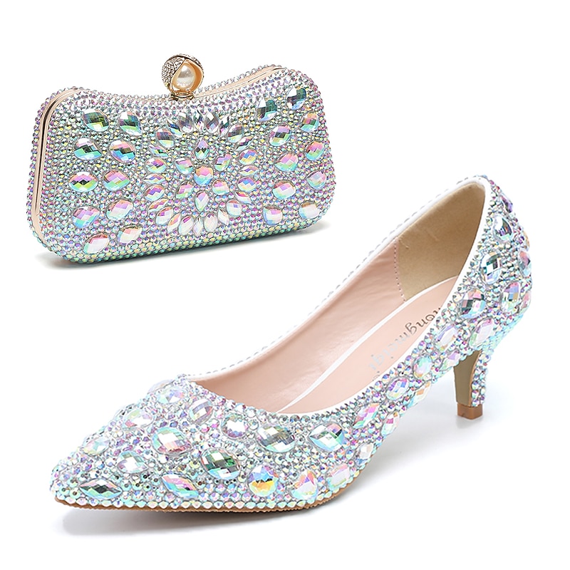Women's Crystal-Embellished Kitten Heel Shoes and Matching Clutch Set - Elegant Rhinestone Wedding Pumps with Evening Bag