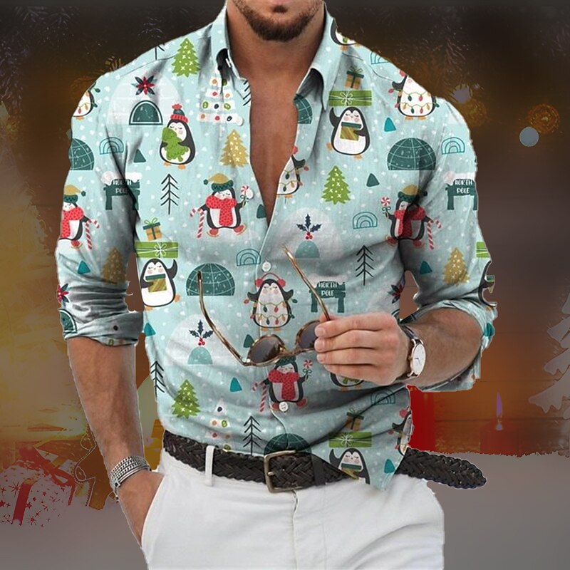Christmas Men's Christmas Scene Printed Shirts Shirts Cat Snowman Graphic Prints Penguin Turndown Green Gray White 3D Print Street Long Sleeve Button-Down Print Clothing Apparel Fashion Designer