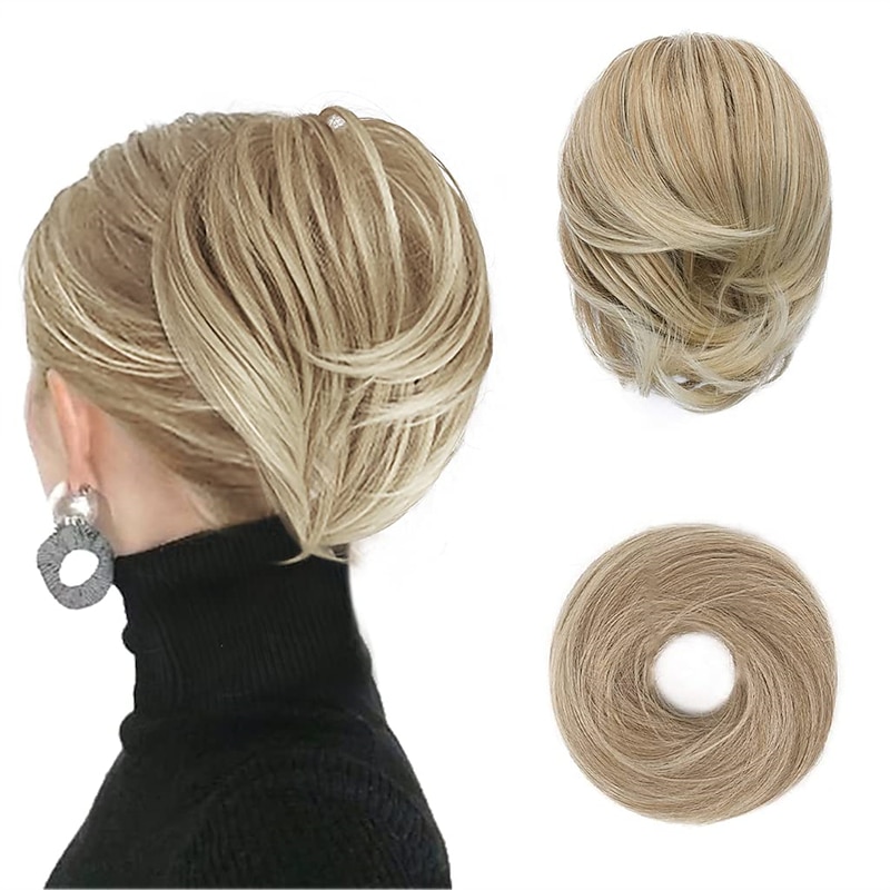 Hair Bun Ponytail Extension Straight Synthetic Hairpiece Fully Short Ponytail Bun Extensions Hair Accessories Elastic Easy Scrunchie for Women Light Golden Brown mix Pale Golden Blonde)