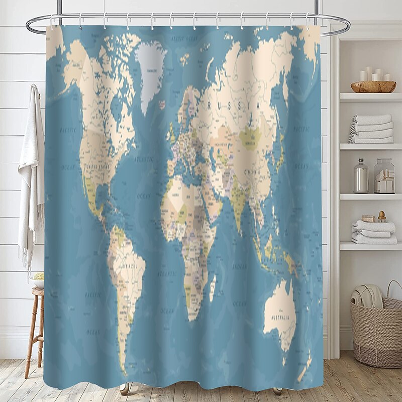 Shower Curtain with Hooks 180cm*180cm(70"*70") Polyester Washable Waterproof World Map Pattern4