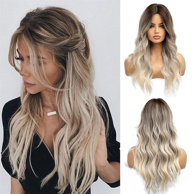 Long Wavy Ombre Brown to Blonde Wigs for Women Synthetic Hair Heat Resistant Ombre Wig for Daily Party Cosplay Use-24Inches barbiecore Wigs