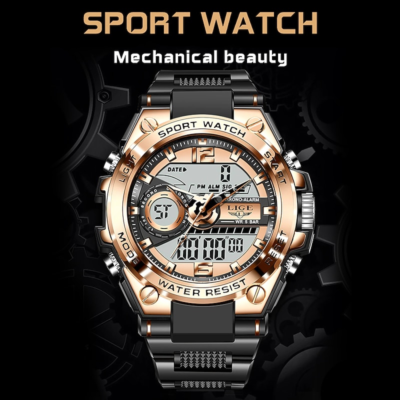 LIGE Men Digital Watch Chronograph Military Sports Waterproof Dual Display Calendar Chronograph Waterproof Silicone Strap Watch4