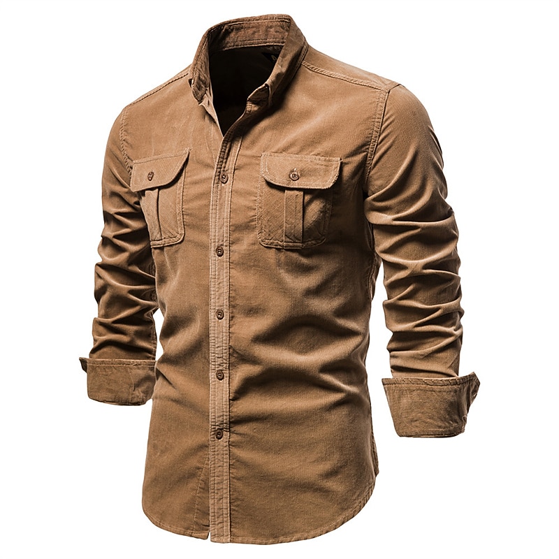 Men's Shirt Summer Shirt Corduroy Shirt Button Up Shirt Blue Brown Green Gray Long Sleeve Plain Turndown Casual Daily Button-Down Clothing Apparel Cotton Fashion Streetwear Classic4