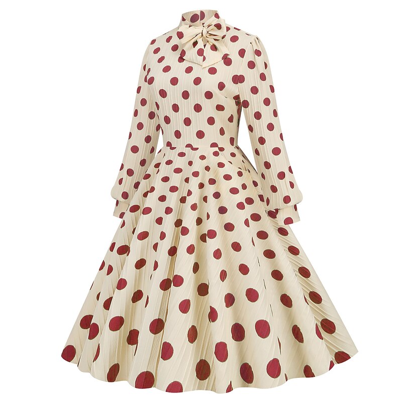 Polka Dots Retro Vintage 1950s Grease Outfits Vacation Dress Flare Dress Women's Costume Vintage Cosplay Daily Wear Long Sleeve Dress Carnival2