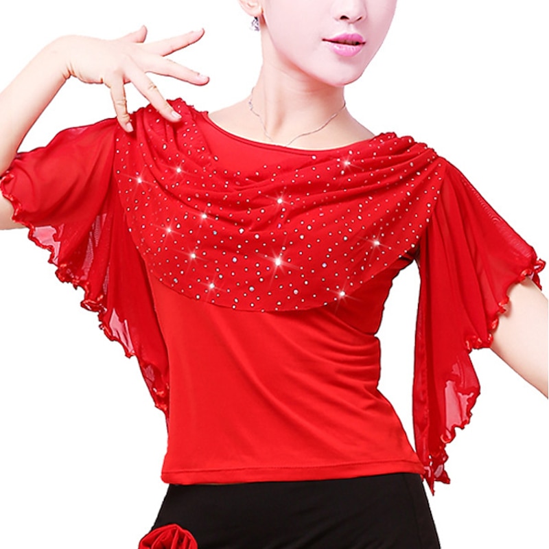 Latin Dance Ballroom Dance Sparkle Top Ruffles Pure Color Women's Performance Training Short Sleeve Polyester