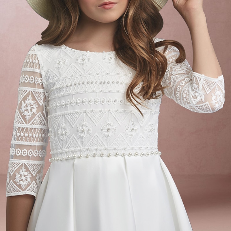 A-Line Floor Length Flower Girl Dress First Communion Cute Prom Dress Satin with Pearls Elegant Fit 3-16 Years3