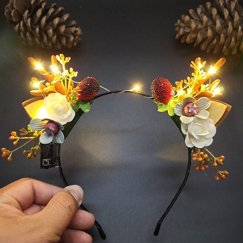 Christmas Headbands LED Light Up Reindeer Antlers Hair Hoops Flower Berries Hair Band Glowing Hair Accessories for Christmas Party Costume4